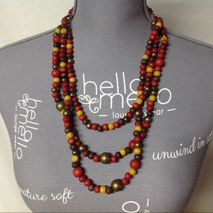 Chunky 3 Strand Multi Color Wood Beaded Necklace
